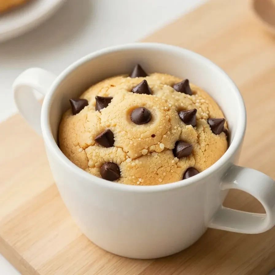 A freshly baked chocolate chip cookie in a mug, perfect for a quick dessert.