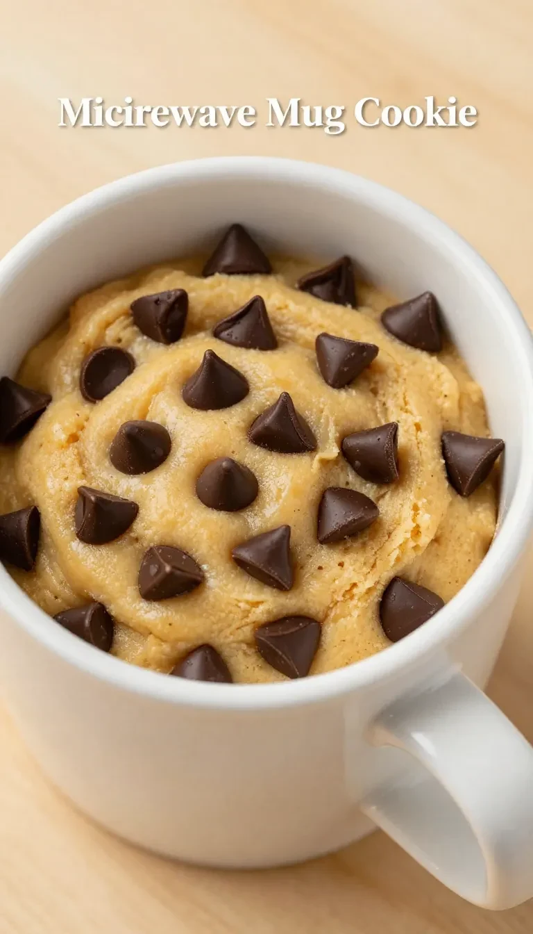 A freshly baked chocolate chip cookie in a mug, perfect for a quick dessert.