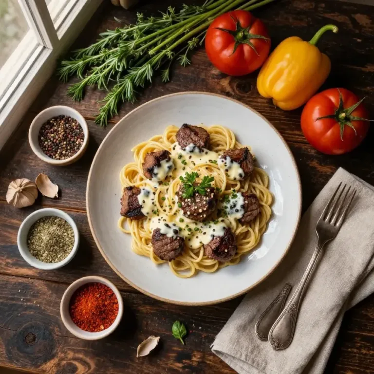 A close-up of creamy garlic butter steak bites served over pasta on a white plate.