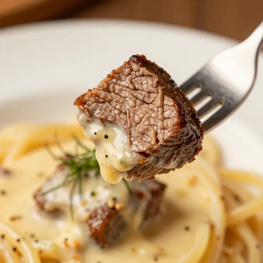 A close-up of creamy garlic butter steak bites served over pasta on a white plate.