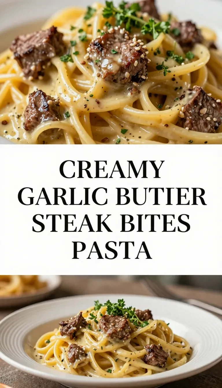 A close-up of creamy garlic butter steak bites served over pasta on a white plate.