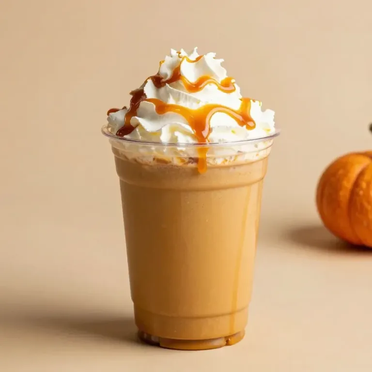 Light Low Calories Pumpkin Pie Starbucks Frappe Frappuccino Drink Dupe A creamy pumpkin pie-inspired low-calorie Starbucks Frappuccino dupe in a clear glass topped with whipped cream and a sprinkle of cinnamon.
