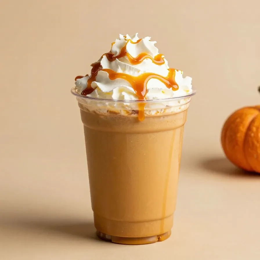 A creamy pumpkin pie-inspired low-calorie Starbucks Frappuccino dupe in a clear glass topped with whipped cream and a sprinkle of cinnamon.