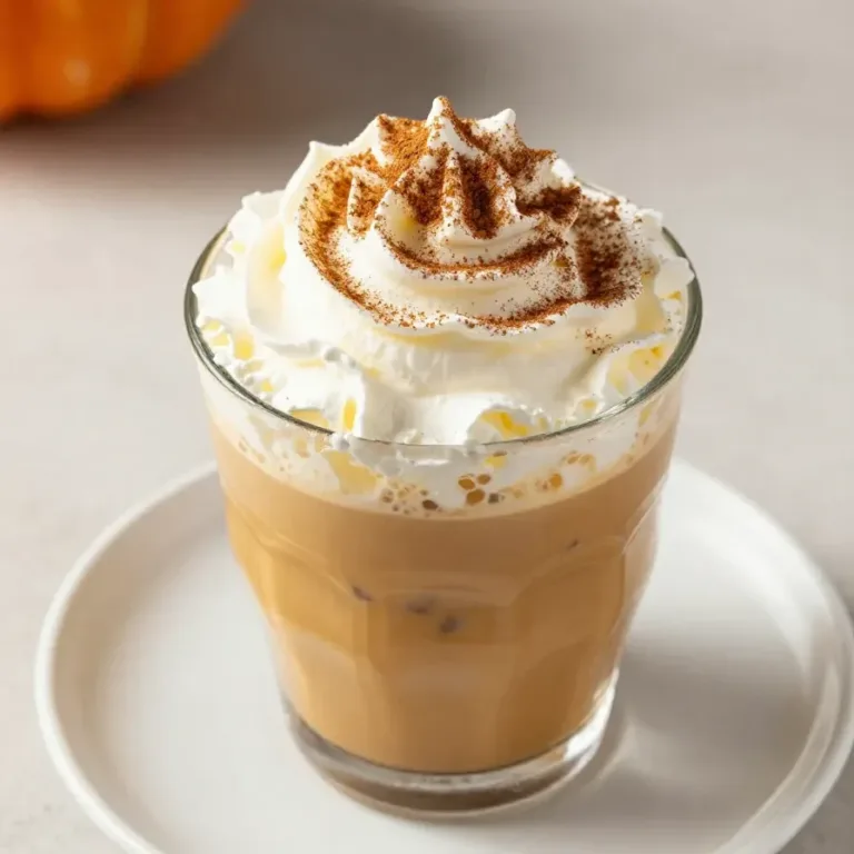 A glass of pumpkin spice cold brew coffee on a wooden table, garnished with whipped cream and cinnamon.