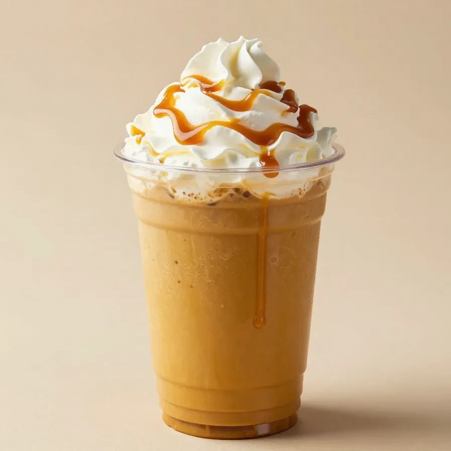 A creamy pumpkin pie-inspired low-calorie Starbucks Frappuccino dupe in a clear glass topped with whipped cream and a sprinkle of cinnamon.