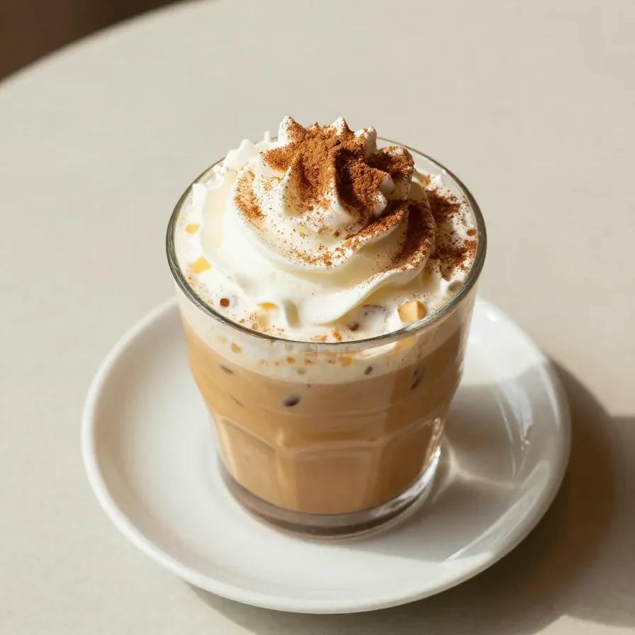 A glass of pumpkin spice cold brew coffee on a wooden table, garnished with whipped cream and cinnamon.
