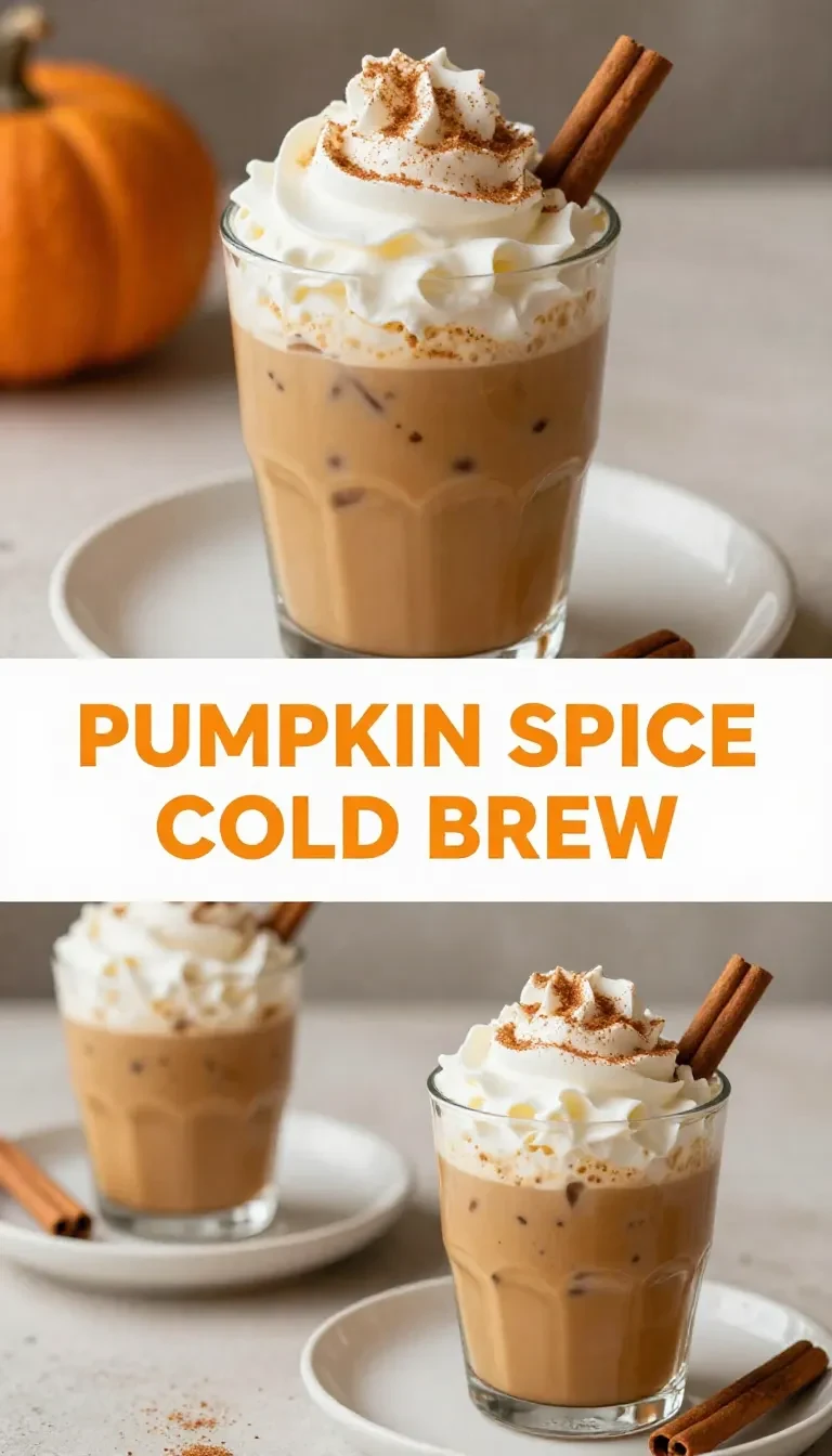 A glass of pumpkin spice cold brew coffee on a wooden table, garnished with whipped cream and cinnamon.