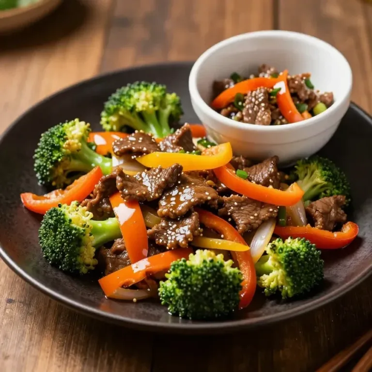 A close-up of a beef stir fry with colorful vegetables served in a white bowl.