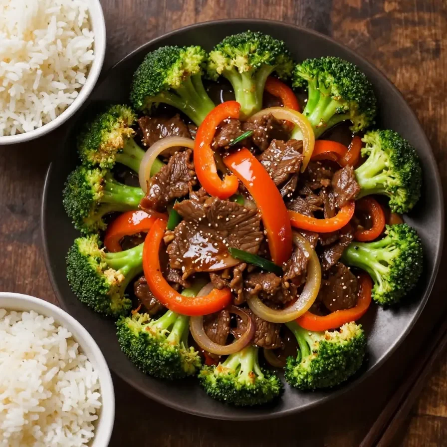 A close-up of a beef stir fry with colorful vegetables served in a white bowl.
