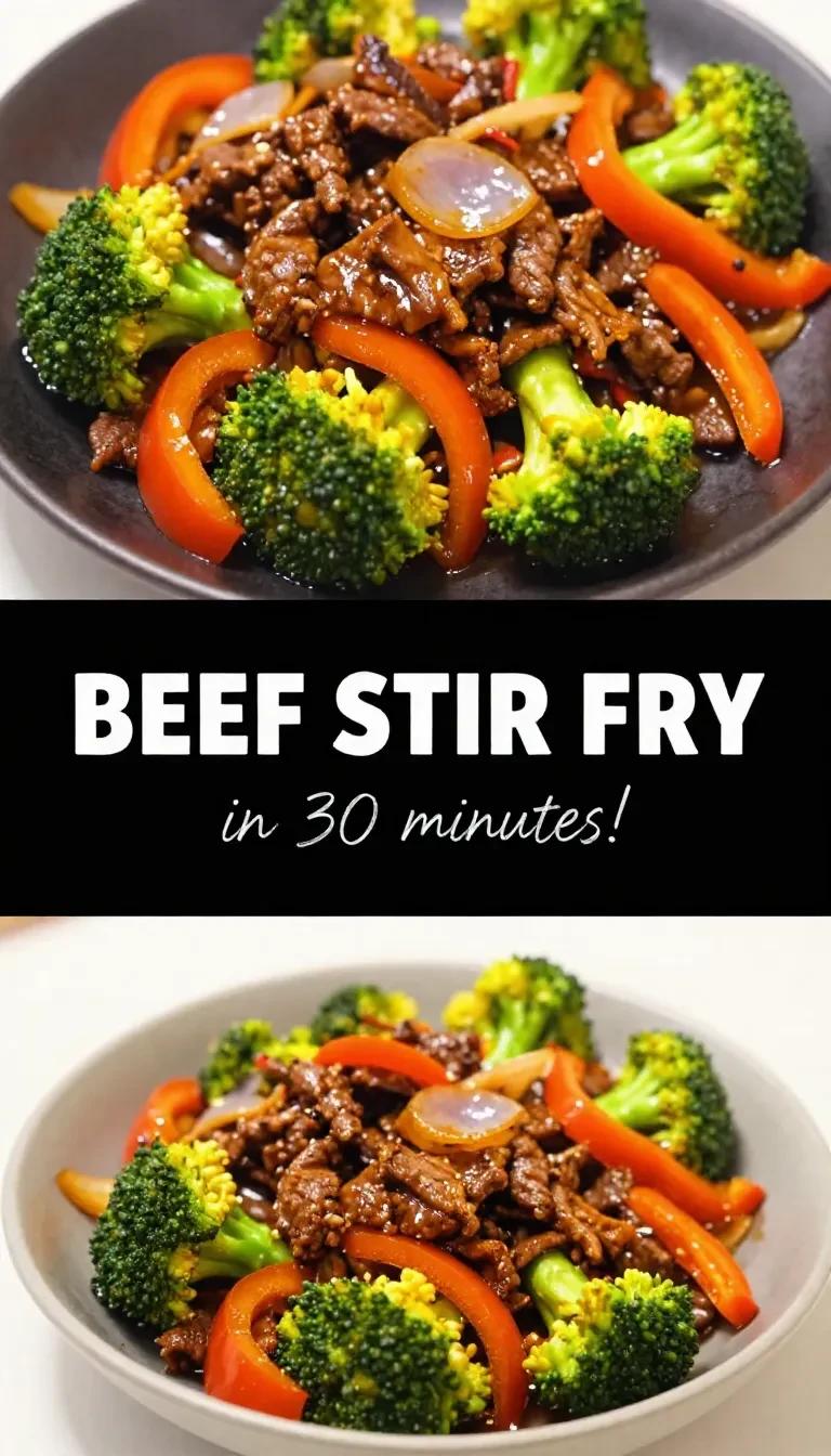 A close-up of a beef stir fry with colorful vegetables served in a white bowl.