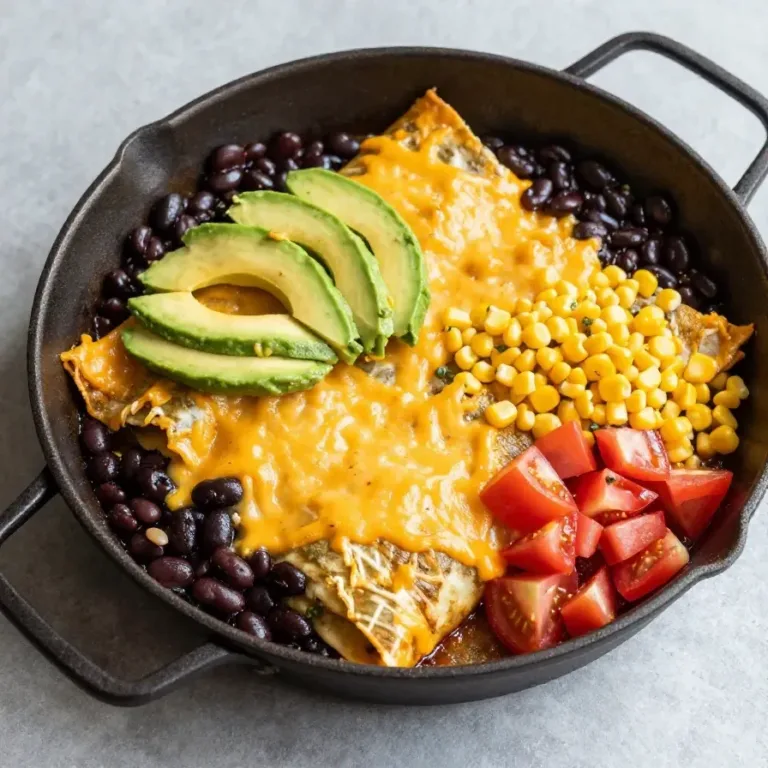 A skillet filled with healthy enchiladas topped with melted cheese and fresh cilantro.