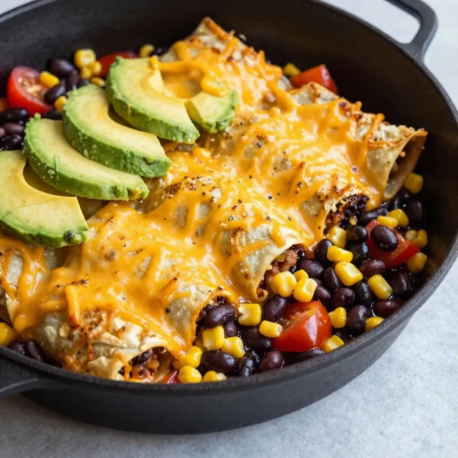 A skillet filled with healthy enchiladas topped with melted cheese and fresh cilantro.