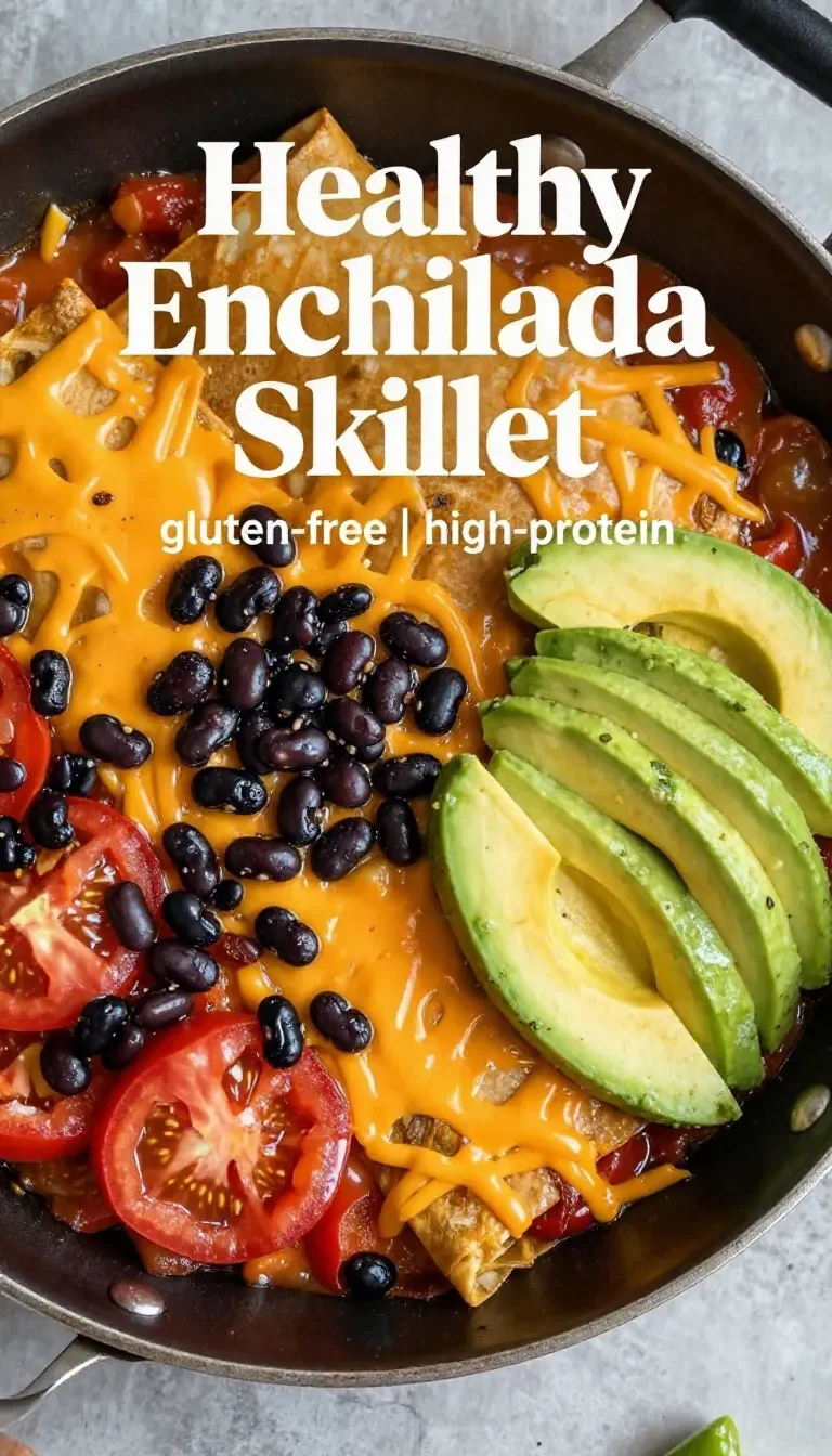 A skillet filled with healthy enchiladas topped with melted cheese and fresh cilantro.