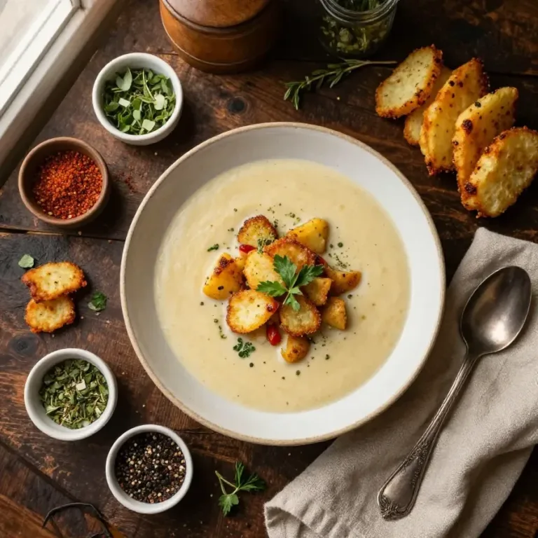 A bowl of creamy gluten-free potato soup made with frozen hash browns, served with a sprinkle of parsley.