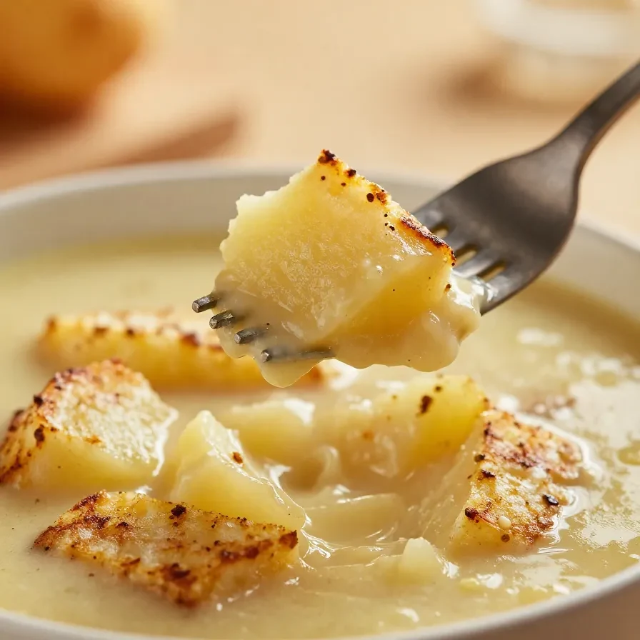 A bowl of creamy gluten-free potato soup made with frozen hash browns, served with a sprinkle of parsley.