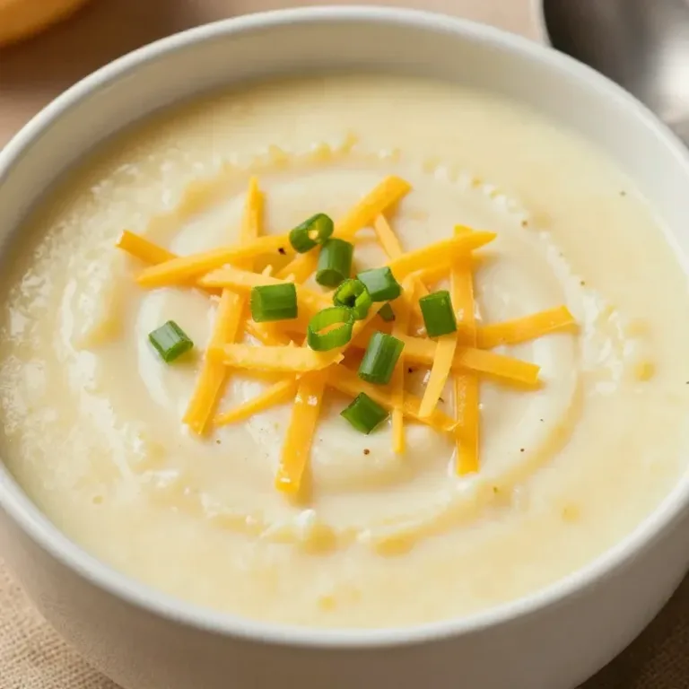 A bowl of creamy potato soup garnished with green onions and served with a spoon.