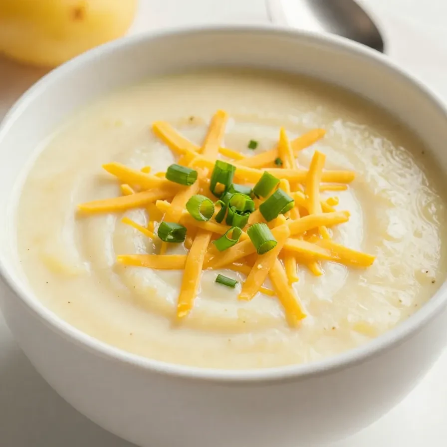 A bowl of creamy potato soup garnished with green onions and served with a spoon.