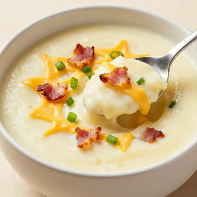 A steaming bowl of creamy slow cooker potato soup made with frozen potatoes.