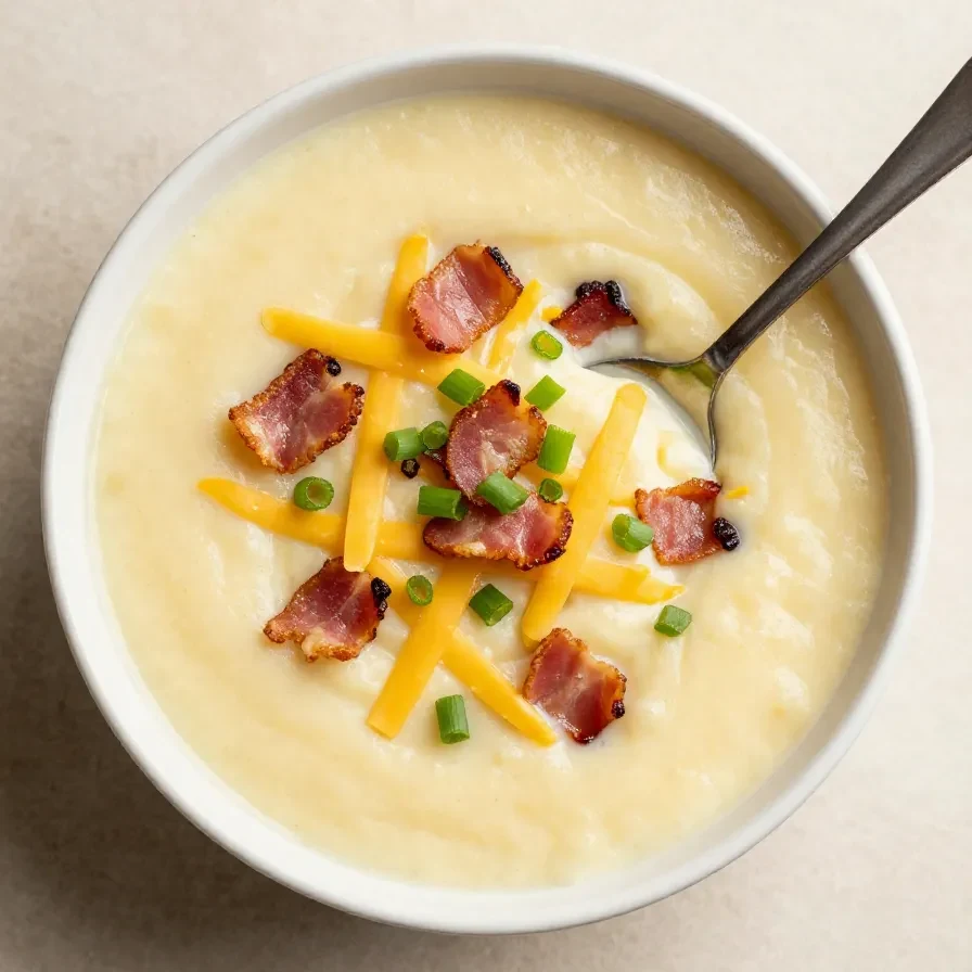 A steaming bowl of creamy slow cooker potato soup made with frozen potatoes.