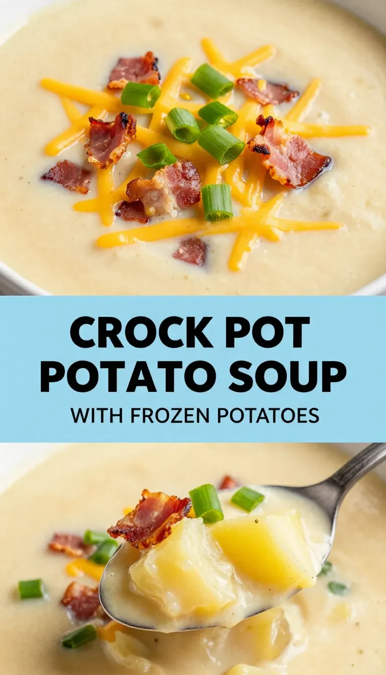 A steaming bowl of creamy slow cooker potato soup made with frozen potatoes.