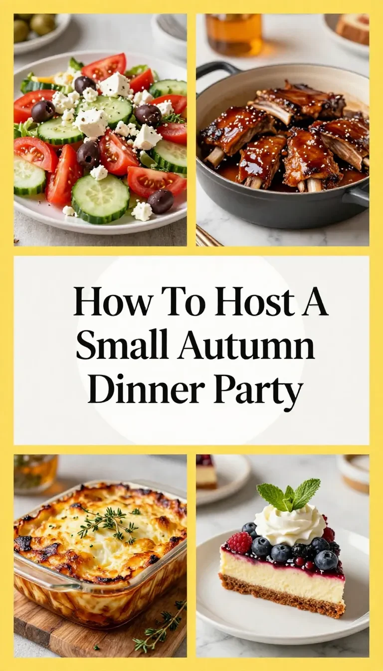 A cozy autumn dinner party setup with a rustic wooden table, candles, and seasonal decorations.