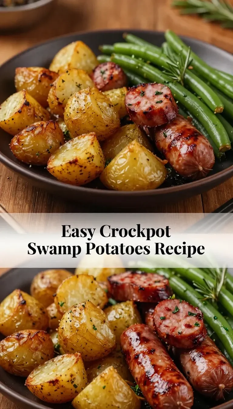 A bowl of swamp potatoes cooked in a crockpot, garnished with fresh parsley.