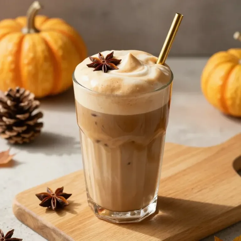 Iced Pumpkin Cream Chai A glass of iced pumpkin cream chai garnished with cinnamon and whipped cream.