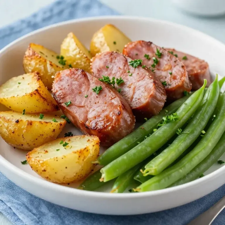 A rustic dish of swamp potatoes and sausage served in a cast iron skillet.