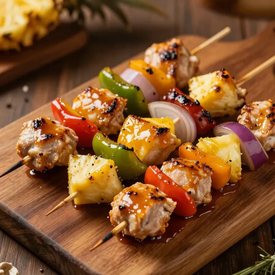 Grilled chicken pineapple kabobs served on a wooden platter.