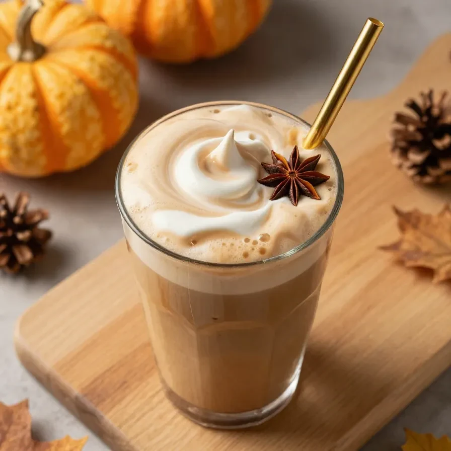 A glass of iced pumpkin cream chai garnished with cinnamon and whipped cream.
