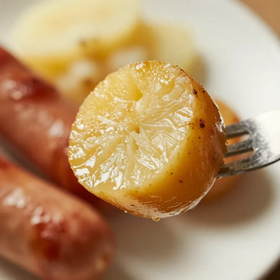 A rustic dish of swamp potatoes and sausage served in a cast iron skillet.