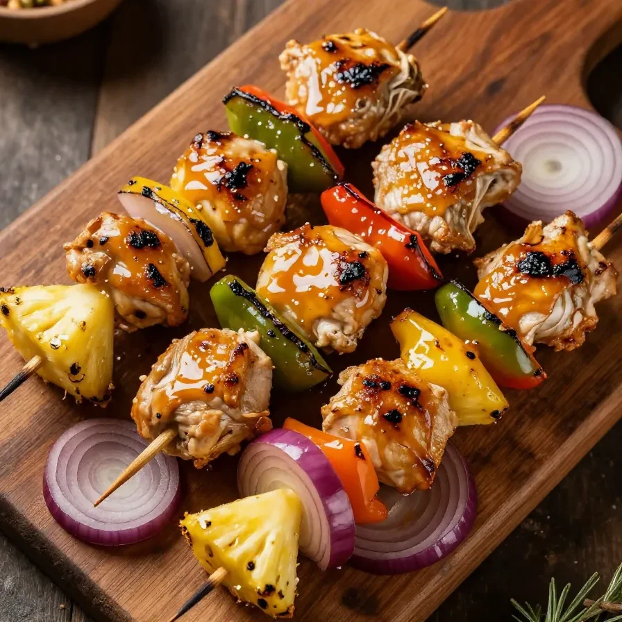 Grilled chicken pineapple kabobs served on a wooden platter.