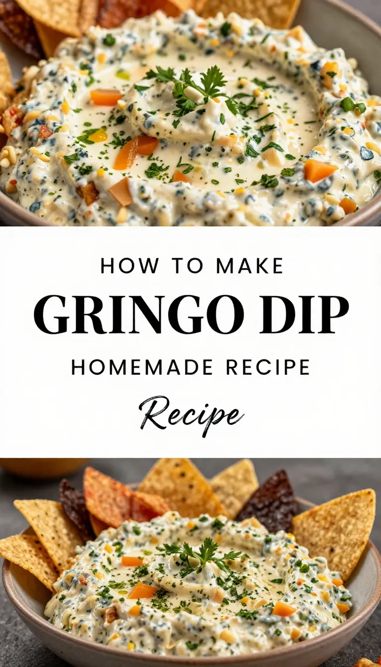 A bowl of creamy gringo dip served with tortilla chips on a wooden table.