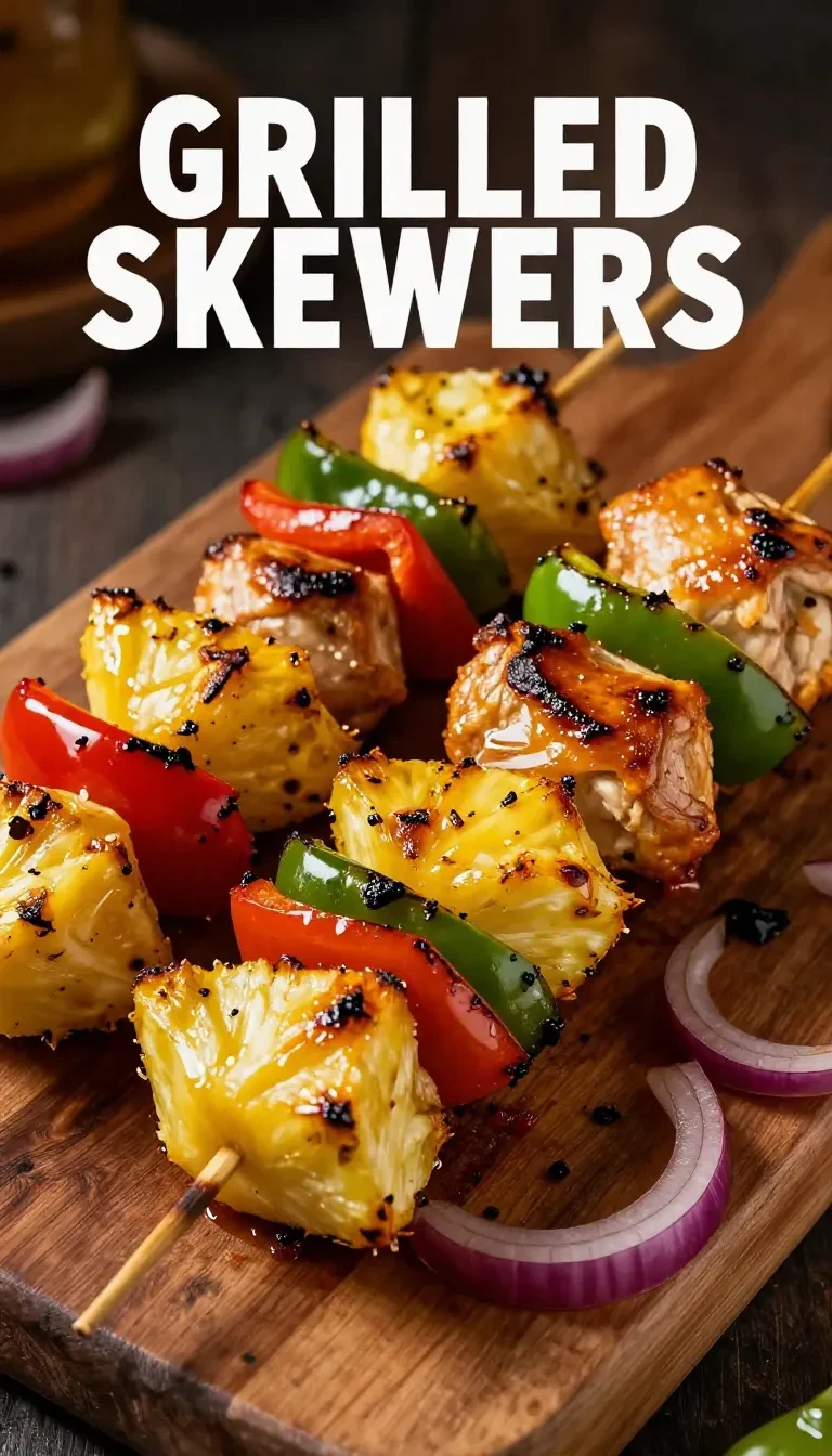 Grilled chicken pineapple kabobs served on a wooden platter.