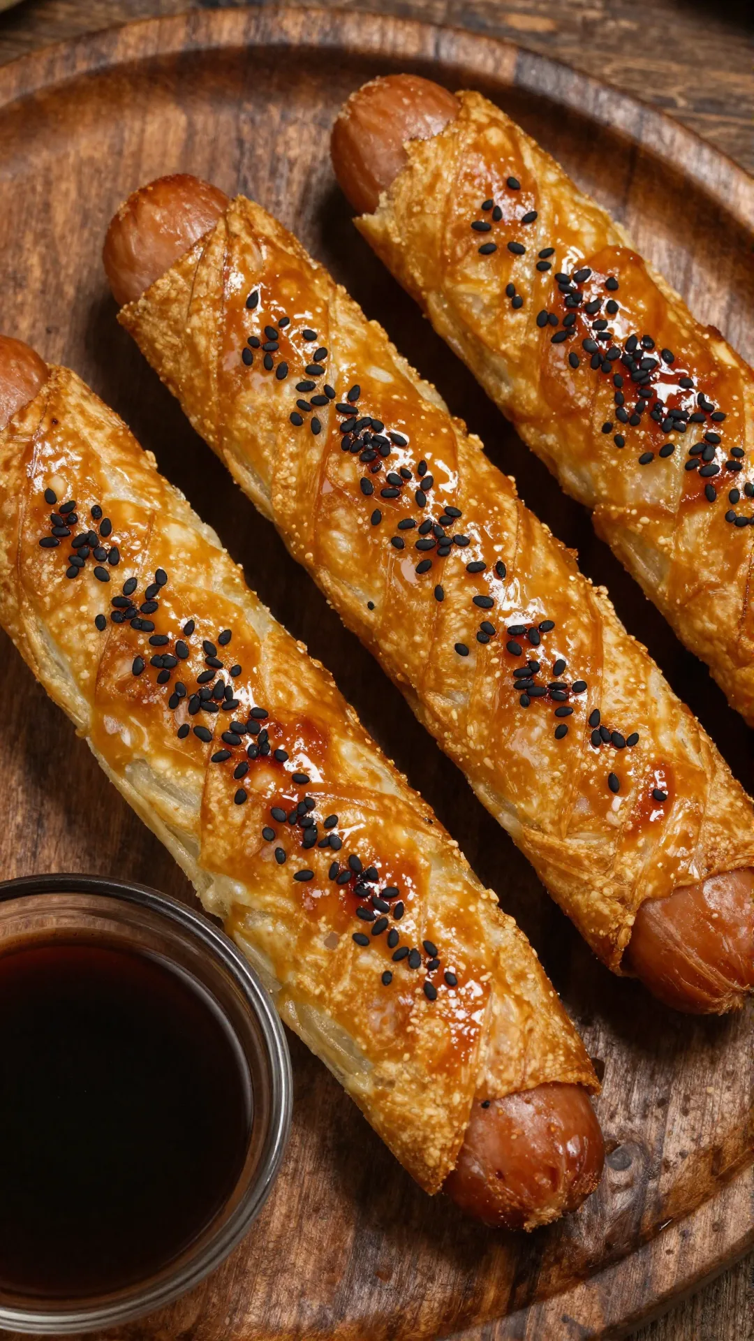 Golden-brown glazed pigs in a blanket served on a white plate.