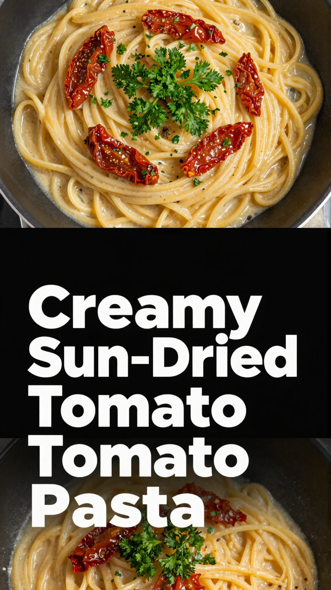 A bowl of creamy vegan pasta topped with sun-dried tomatoes and fresh basil leaves.