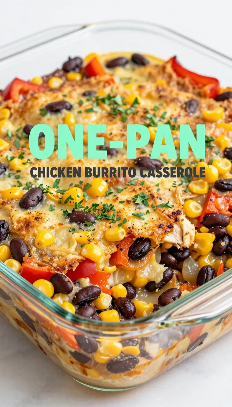 A freshly baked chicken burrito casserole served in a white dish with melted cheese on top.