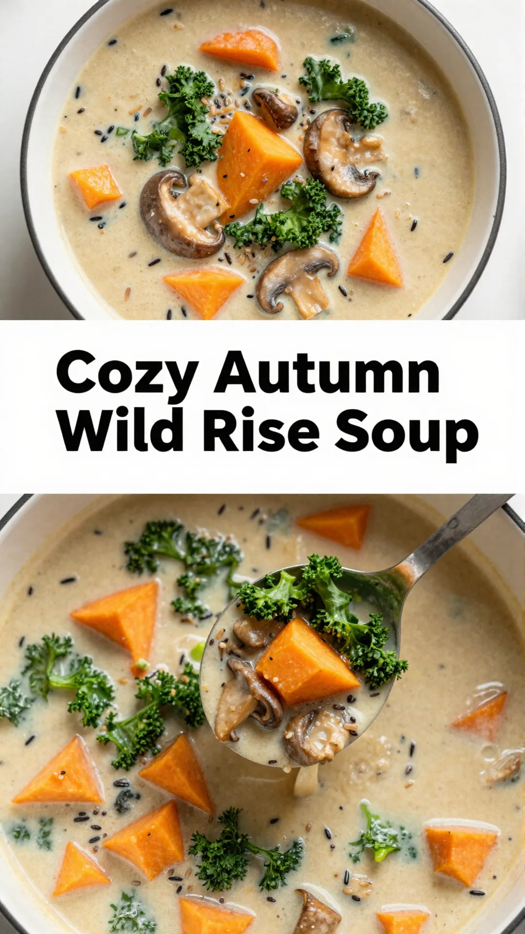 A bowl of warm wild rice soup garnished with fresh herbs, perfect for autumn.