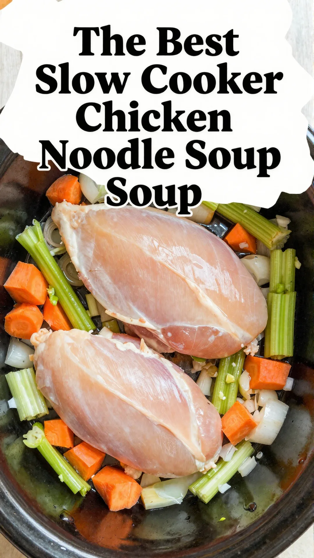 A bowl of homemade chicken noodle soup prepared in a slow cooker, garnished with fresh parsley.