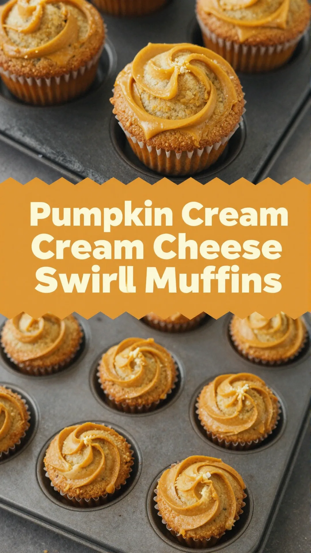 Close-up of pumpkin cream cheese swirl muffins on a wooden table.