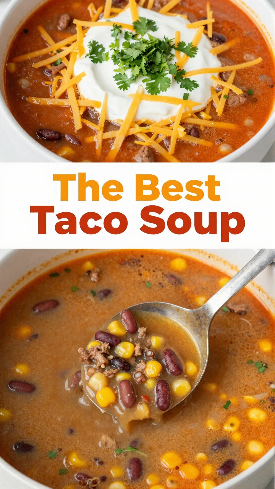 A bowl of easy taco soup topped with shredded cheese, sour cream, and fresh cilantro.