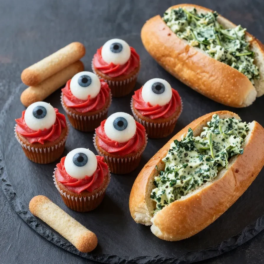 A table filled with various spooky potluck food ideas for Halloween, including ghost-shaped cookies and pumpkin-themed snacks.
