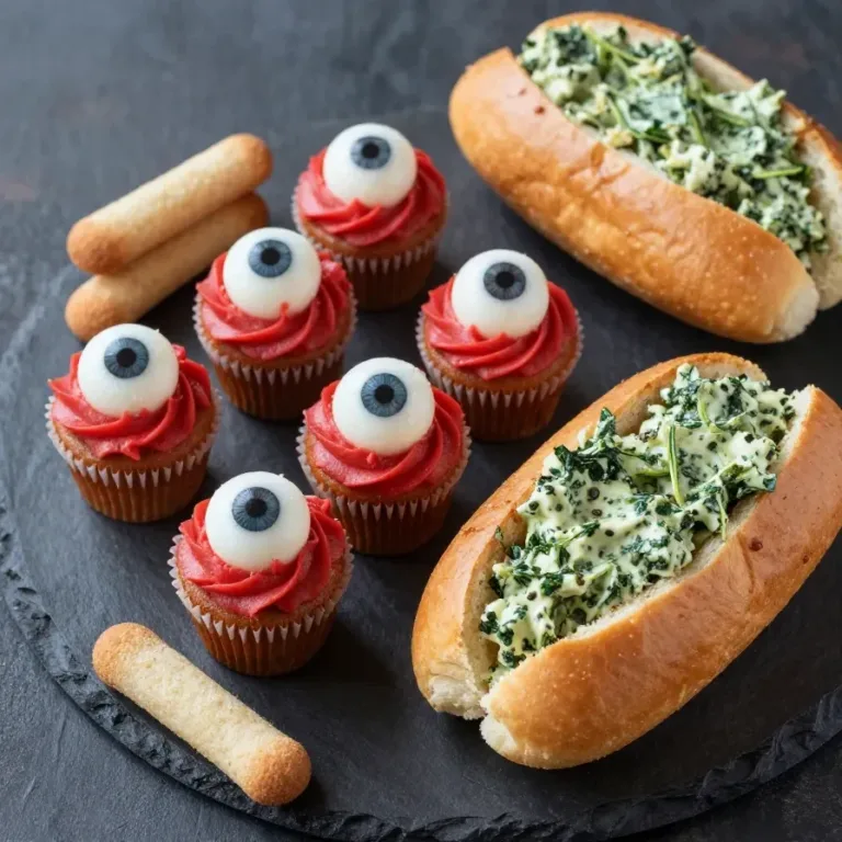 A table filled with various spooky potluck food ideas for Halloween, including ghost-shaped cookies and pumpkin-themed snacks.
