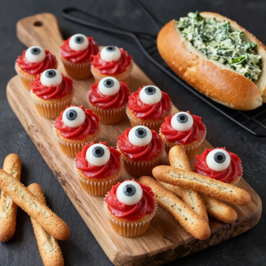 A table filled with various spooky potluck food ideas for Halloween, including ghost-shaped cookies and pumpkin-themed snacks.