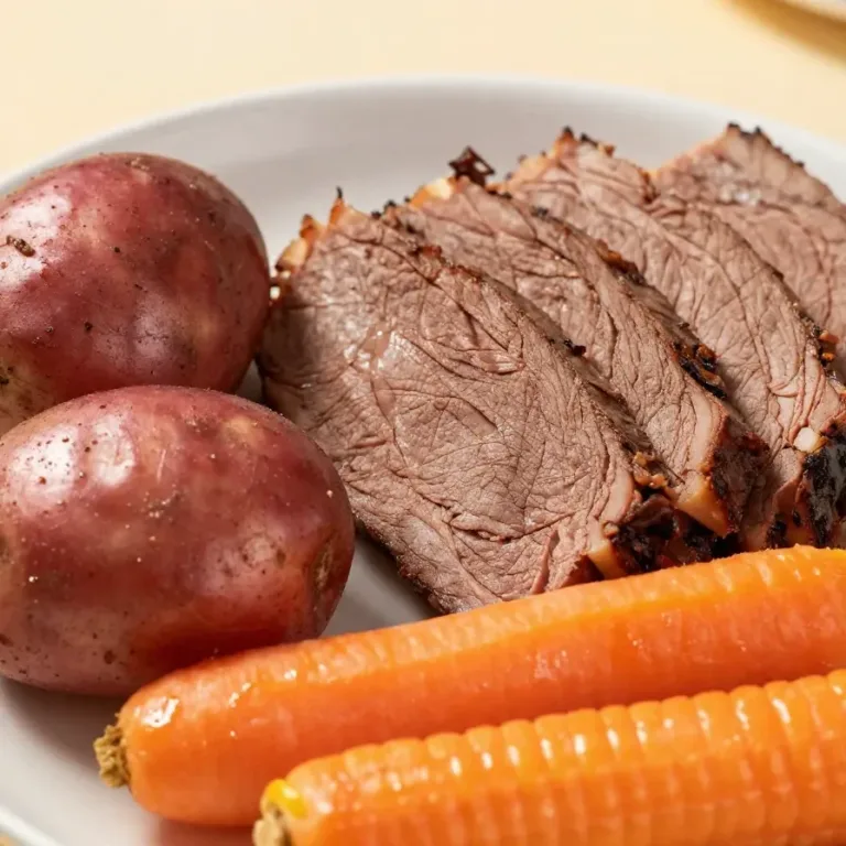 A slow cooker filled with tender corned beef glazed with apple cider, garnished with herbs