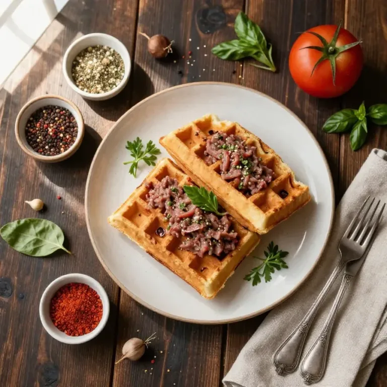 Waffle Iron Reuben Sandwiches A delicious waffle iron Reuben sandwich with melted cheese and corned beef, served on a wooden board.