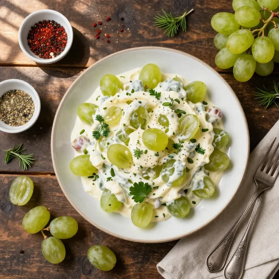 A bowl of creamy grape salad topped with chopped pecans, perfect for a Labor Day party.