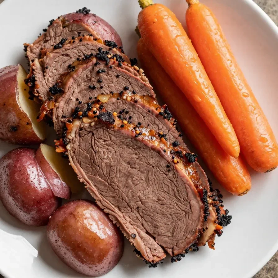 A slow cooker filled with tender corned beef glazed with apple cider, garnished with herbs