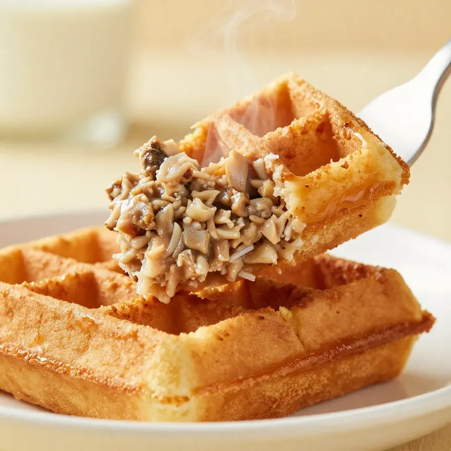 A delicious waffle iron Reuben sandwich with melted cheese and corned beef, served on a wooden board.