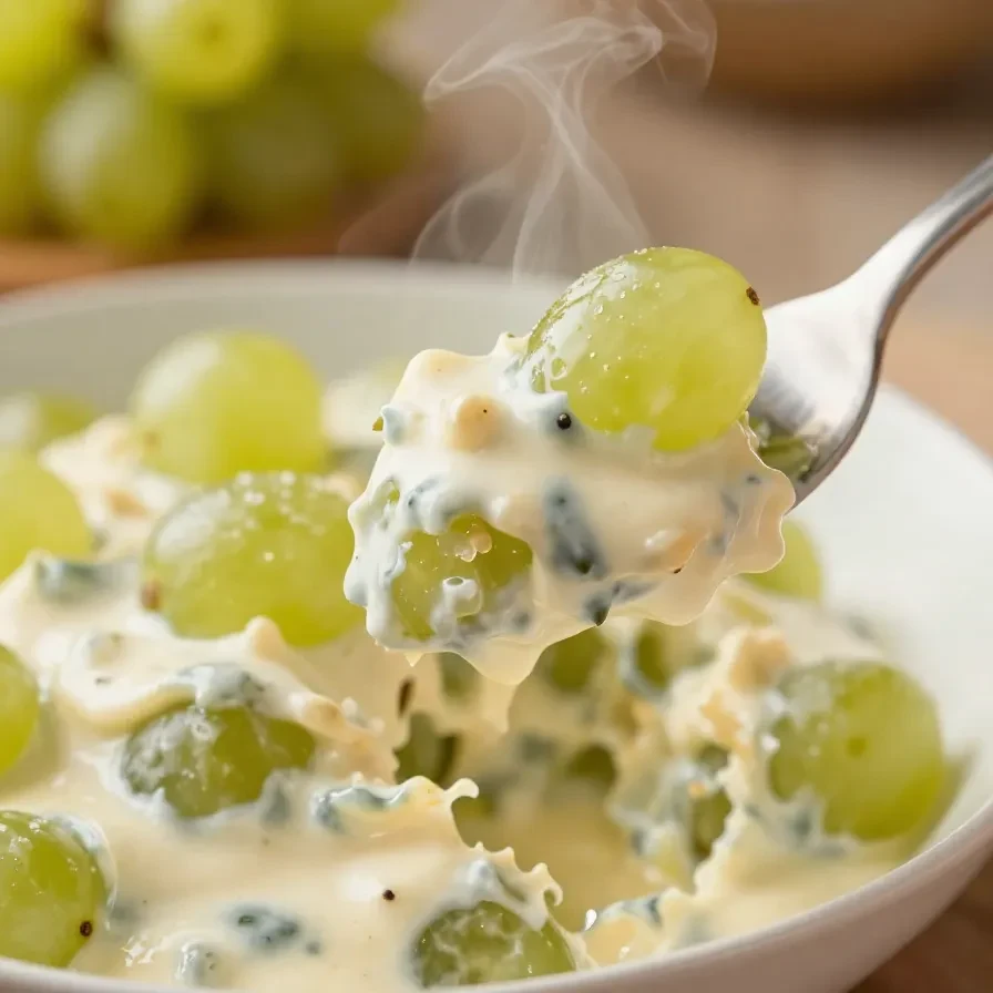 A bowl of creamy grape salad topped with chopped pecans, perfect for a Labor Day party.